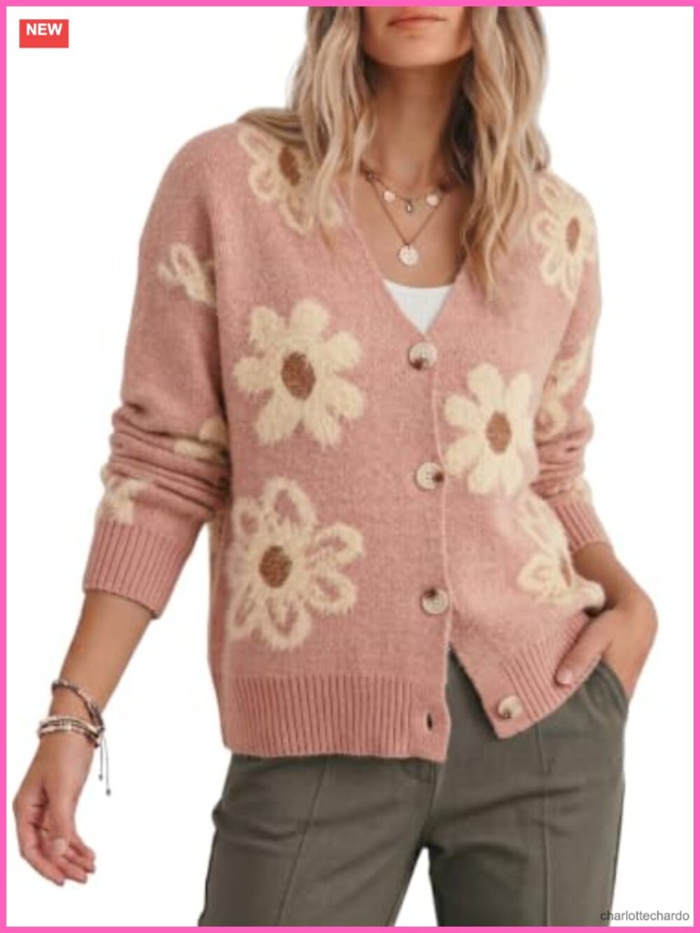Floral Knit Cardigan Sweater Open Front Long Sleeve